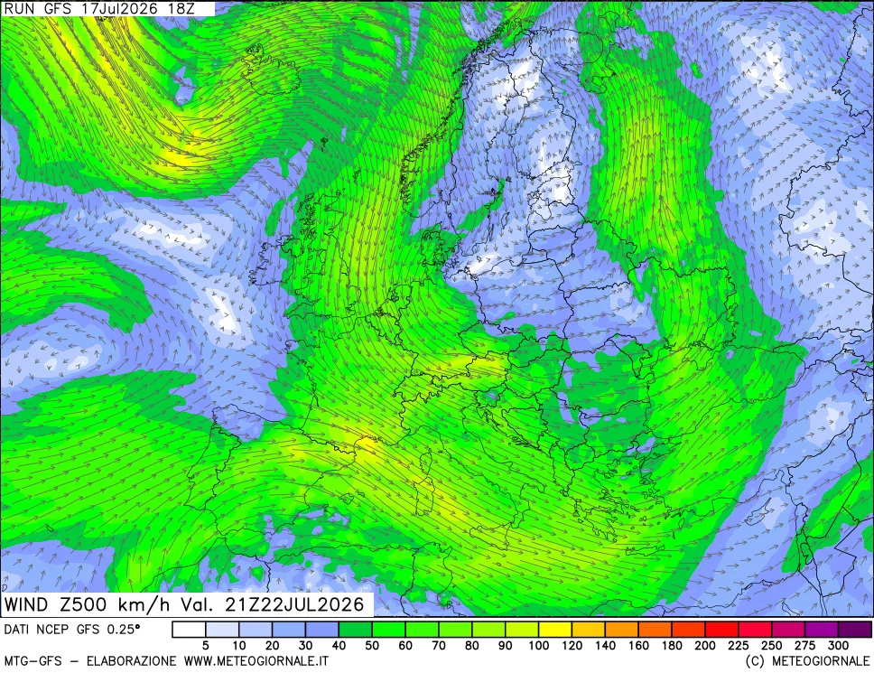 mappa 500 hPa Vento forza e direzione