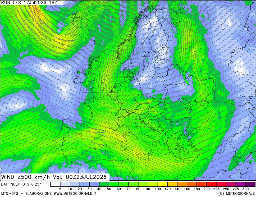 mappa 500 hPa Vento forza e direzione