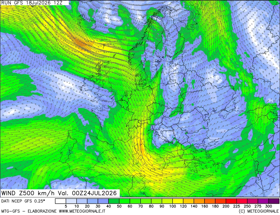 mappa 500 hPa Vento forza e direzione