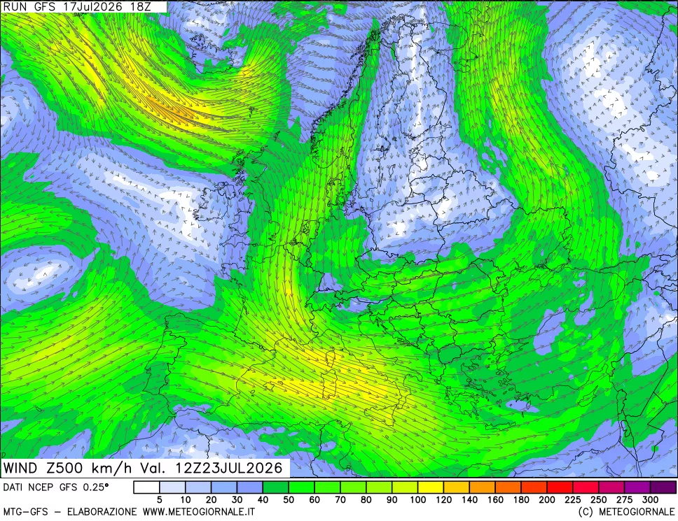 mappa 500 hPa Vento forza e direzione