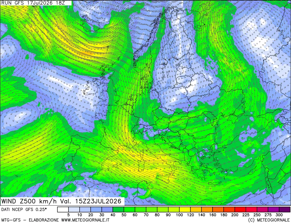 mappa 500 hPa Vento forza e direzione