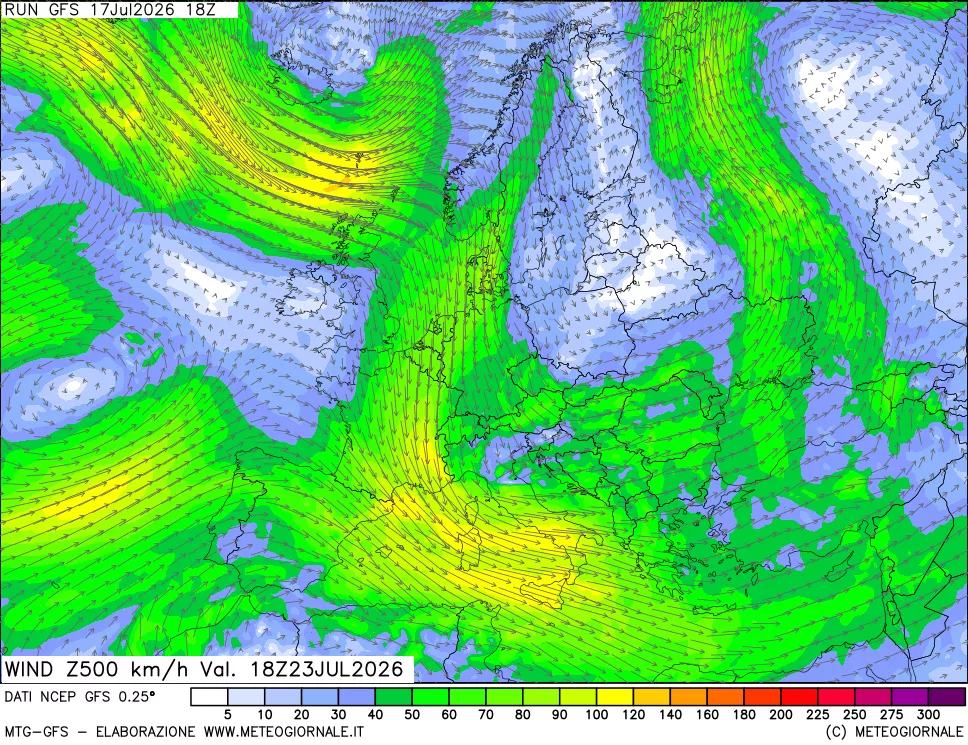 mappa 500 hPa Vento forza e direzione