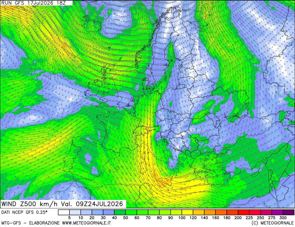 mappa 500 hPa Vento forza e direzione