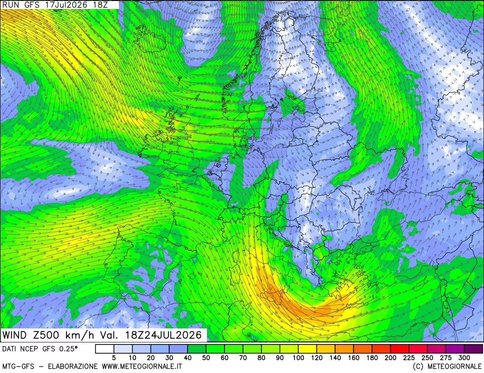 mappa 500 hPa Vento forza e direzione