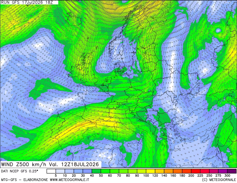 mappa 500 hPa Vento forza e direzione