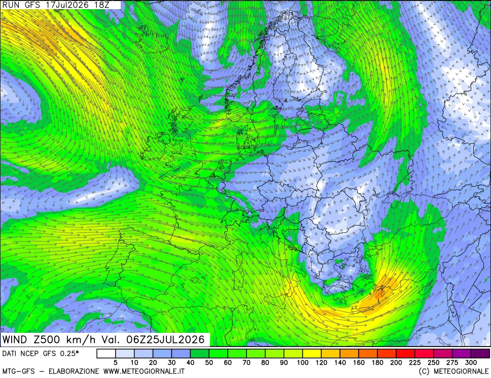 mappa 500 hPa Vento forza e direzione