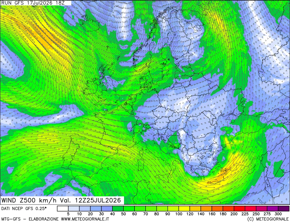 mappa 500 hPa Vento forza e direzione