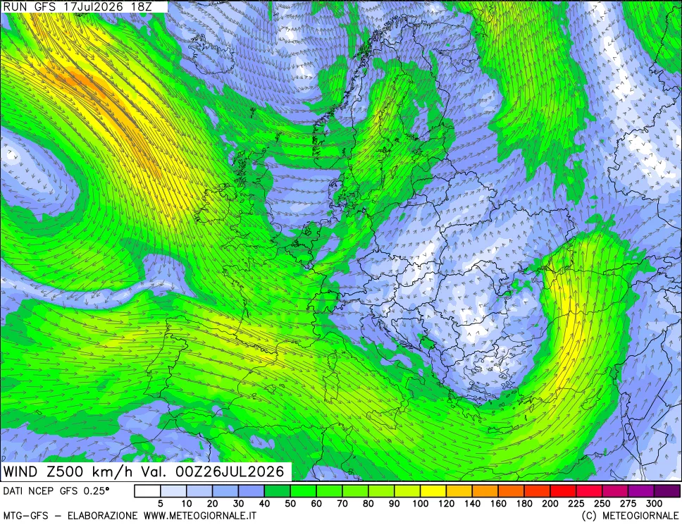 mappa 500 hPa Vento forza e direzione