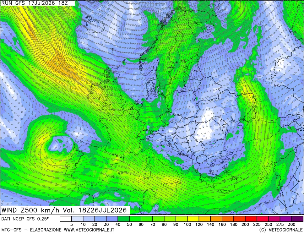 mappa 500 hPa Vento forza e direzione