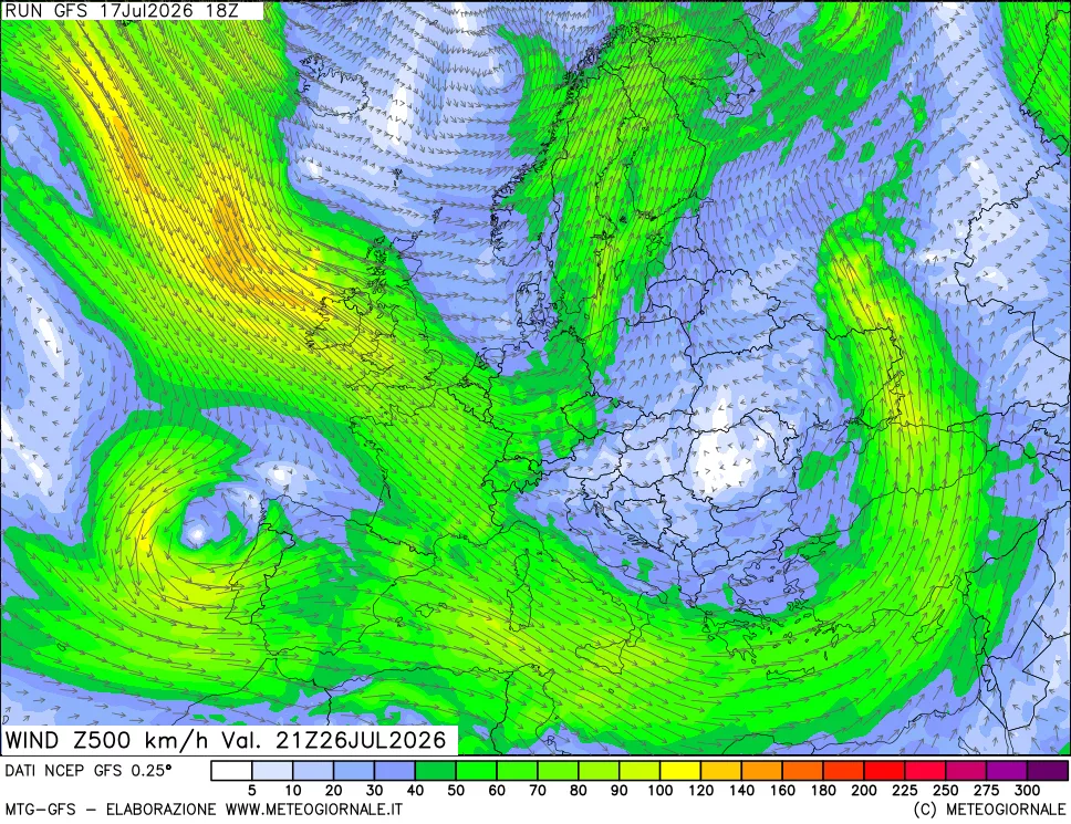 mappa 500 hPa Vento forza e direzione