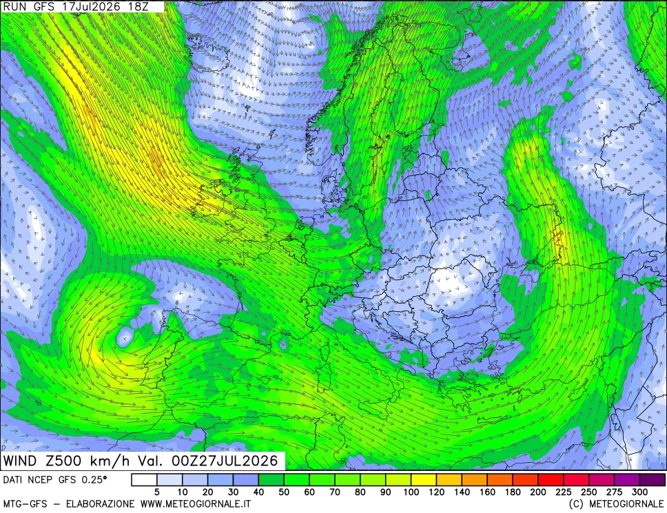 mappa 500 hPa Vento forza e direzione