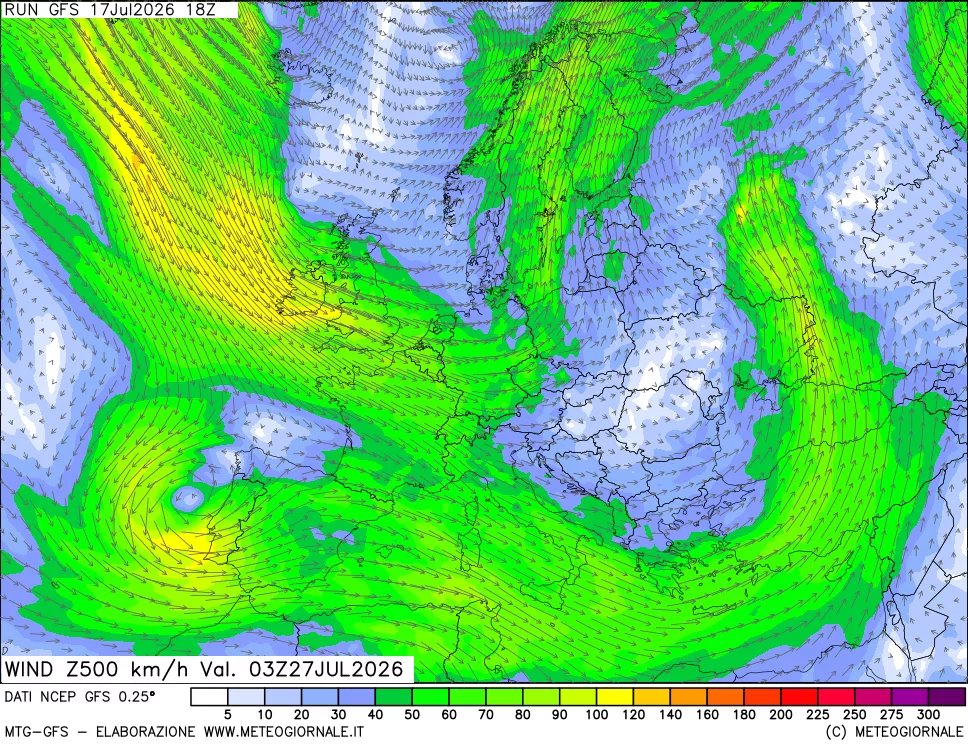 mappa 500 hPa Vento forza e direzione