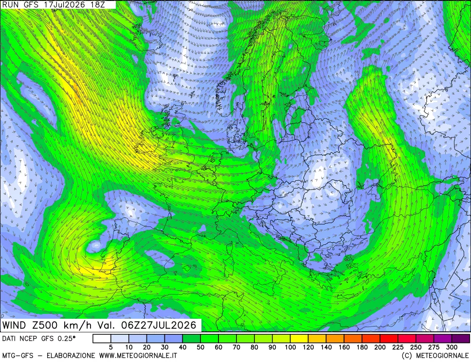 mappa 500 hPa Vento forza e direzione