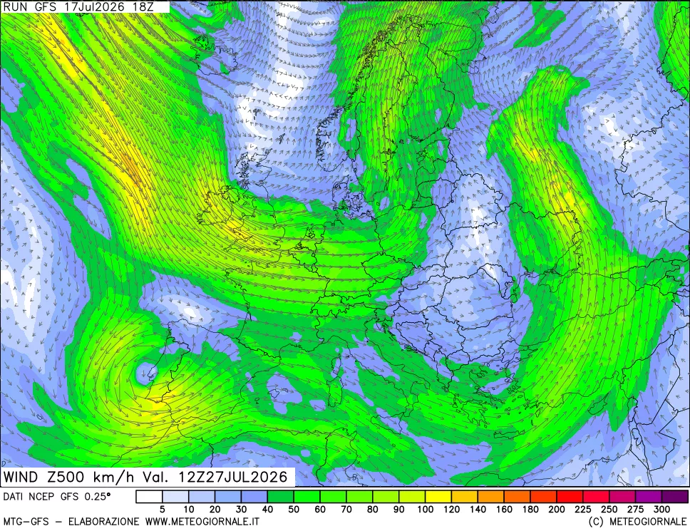 mappa 500 hPa Vento forza e direzione