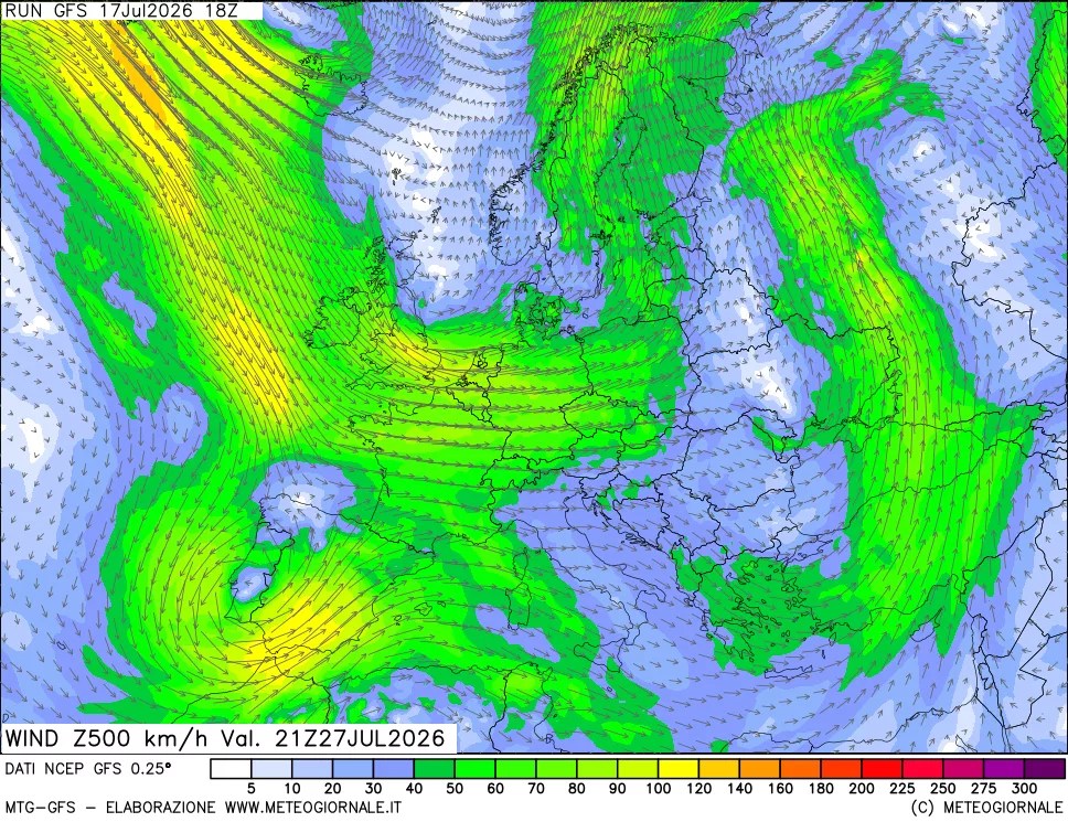 mappa 500 hPa Vento forza e direzione