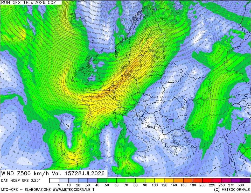 mappa 500 hPa Vento forza e direzione