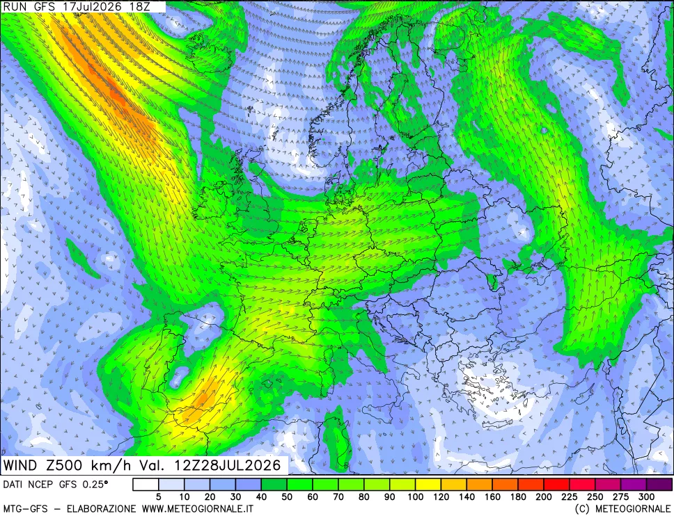 mappa 500 hPa Vento forza e direzione