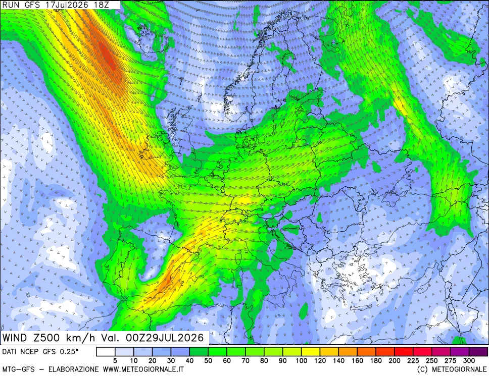 mappa 500 hPa Vento forza e direzione