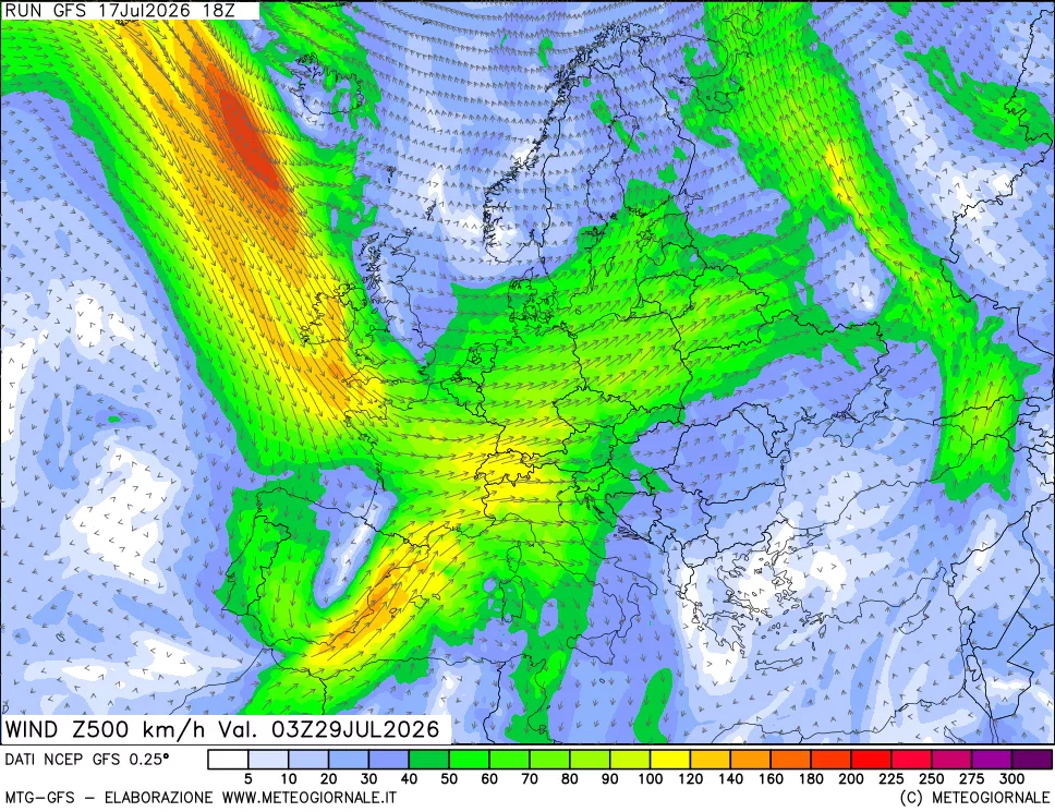 mappa 500 hPa Vento forza e direzione