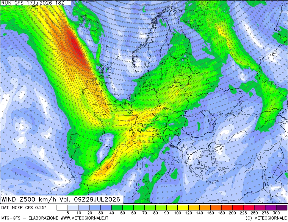 mappa 500 hPa Vento forza e direzione