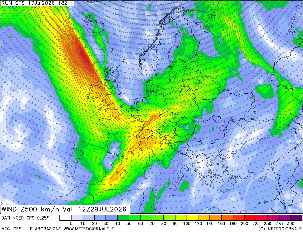 mappa 500 hPa Vento forza e direzione