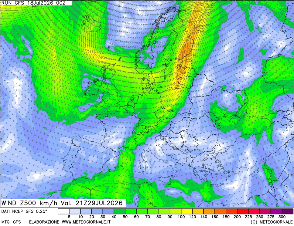 mappa 500 hPa Vento forza e direzione