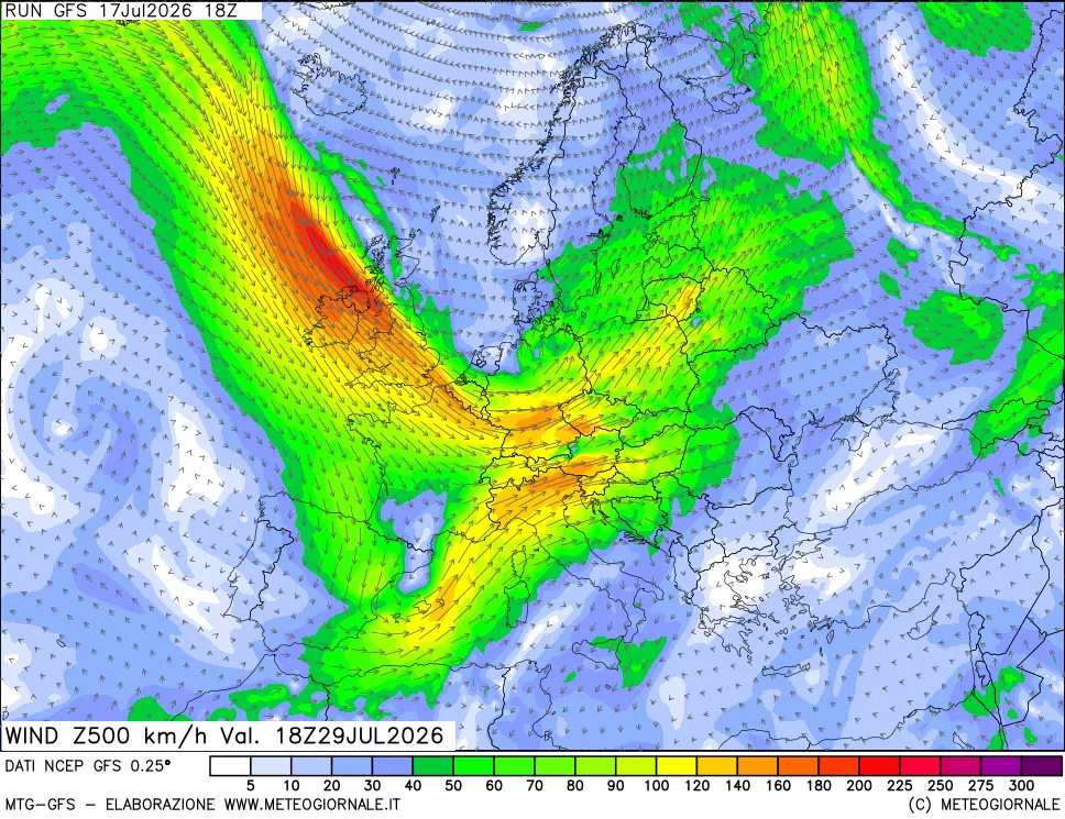 mappa 500 hPa Vento forza e direzione