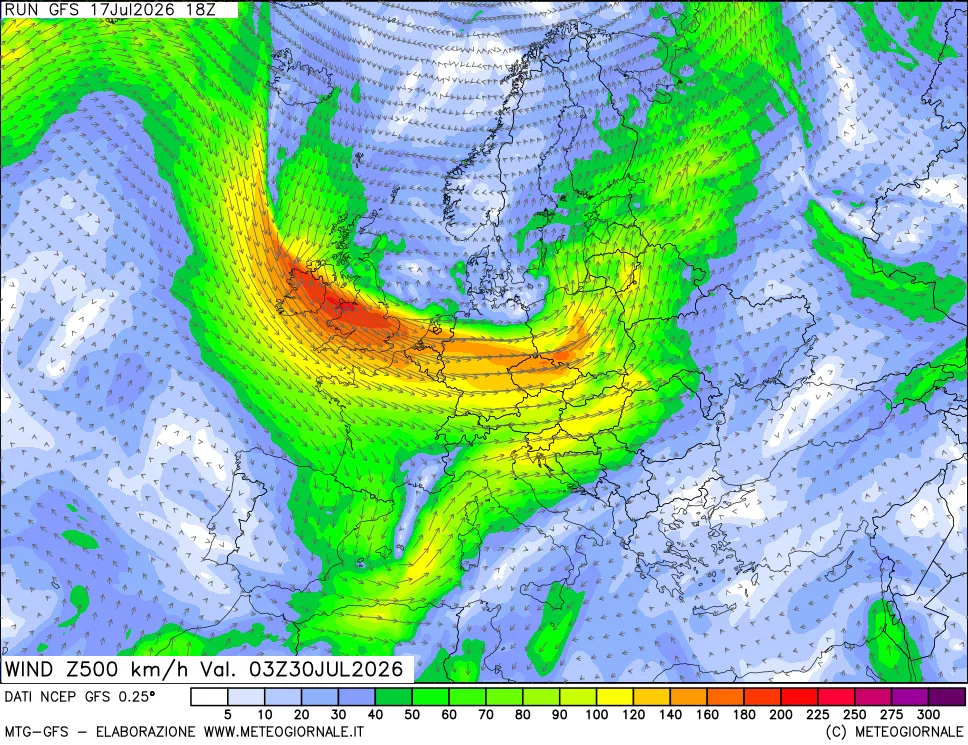 mappa 500 hPa Vento forza e direzione