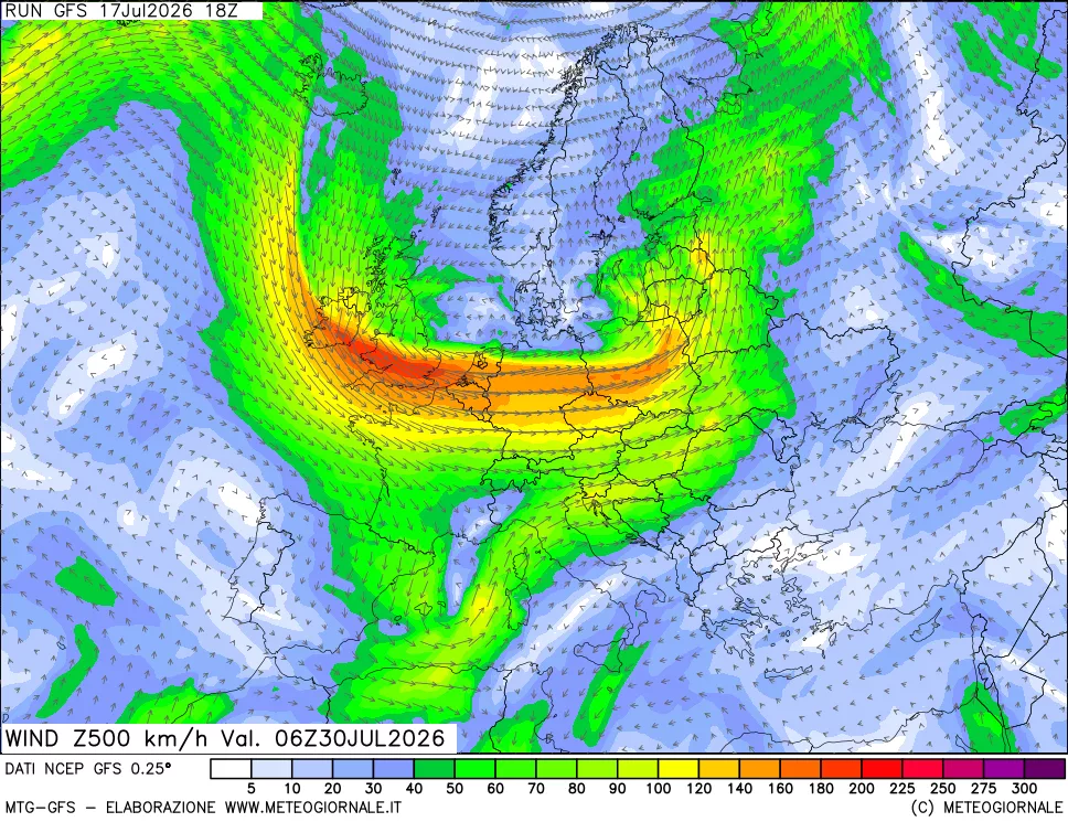 mappa 500 hPa Vento forza e direzione