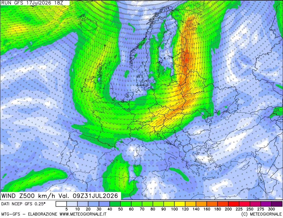 mappa 500 hPa Vento forza e direzione