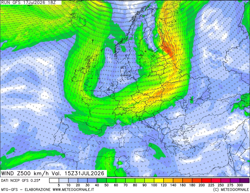 mappa 500 hPa Vento forza e direzione