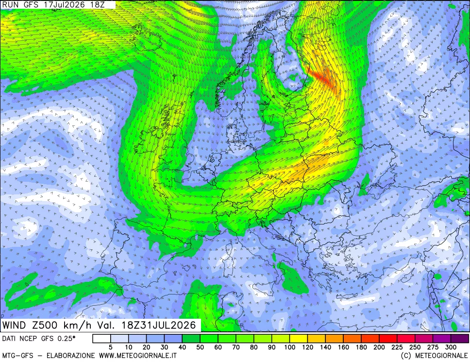 mappa 500 hPa Vento forza e direzione