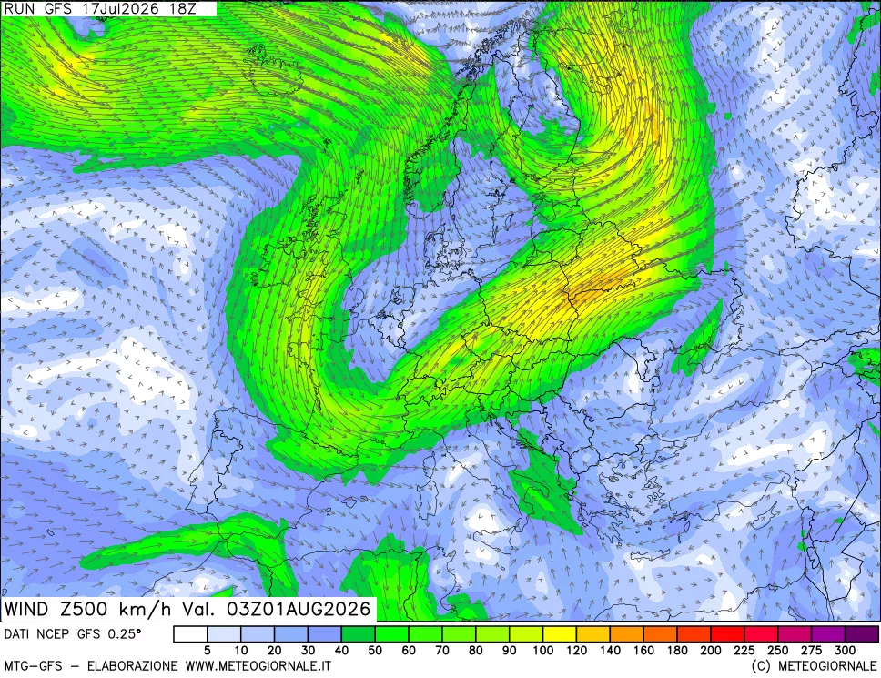 mappa 500 hPa Vento forza e direzione