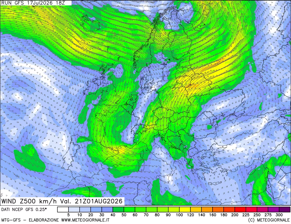 mappa 500 hPa Vento forza e direzione