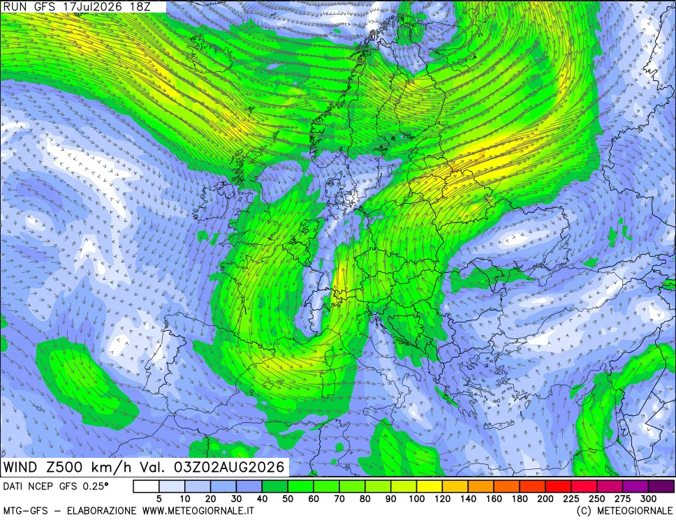 mappa 500 hPa Vento forza e direzione