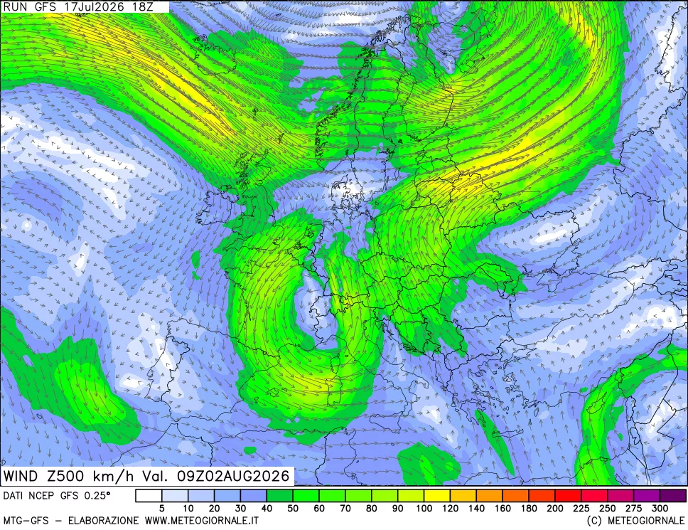 mappa 500 hPa Vento forza e direzione