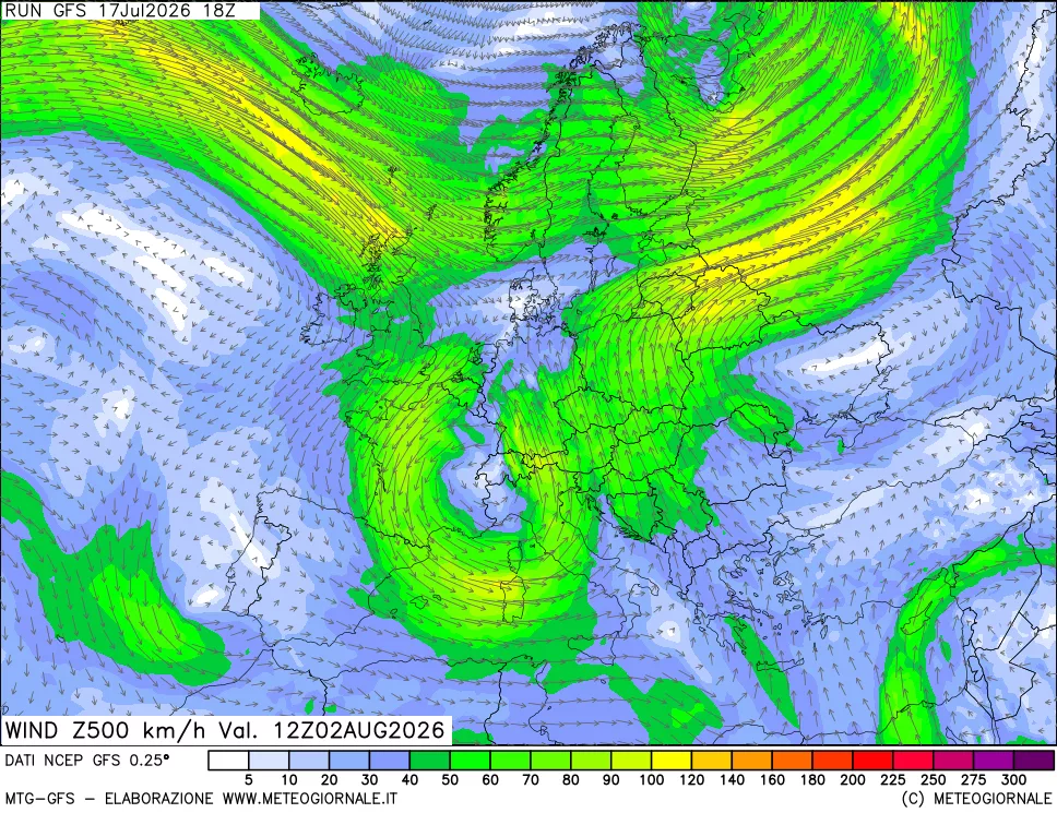 mappa 500 hPa Vento forza e direzione
