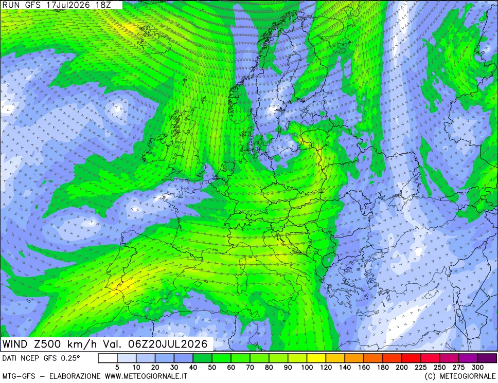 mappa 500 hPa Vento forza e direzione