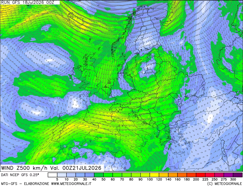 mappa 500 hPa Vento forza e direzione