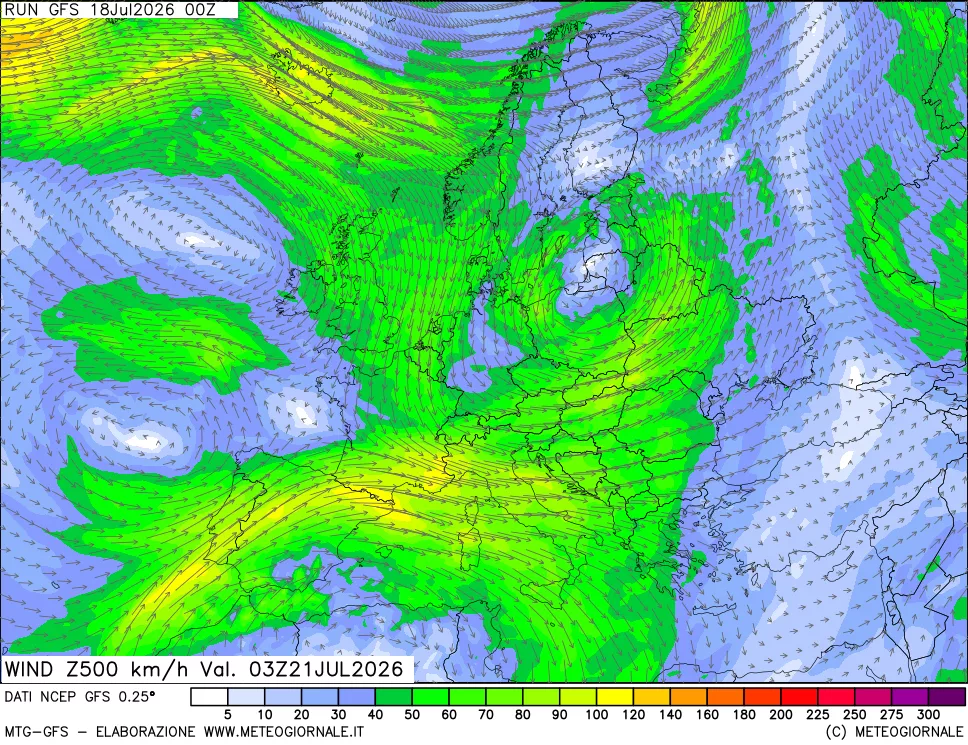 mappa 500 hPa Vento forza e direzione