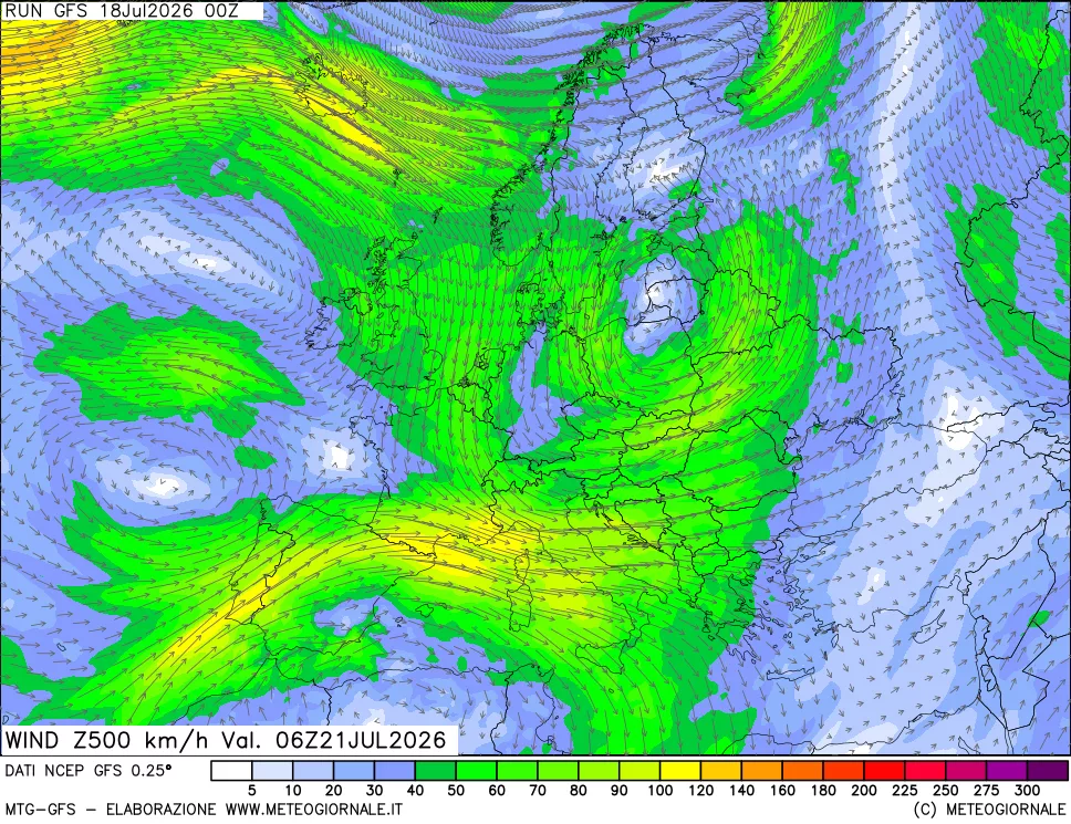 mappa 500 hPa Vento forza e direzione