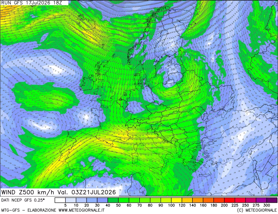 mappa 500 hPa Vento forza e direzione
