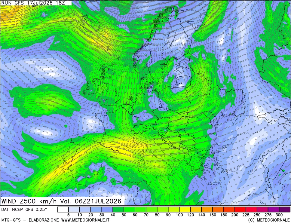 mappa 500 hPa Vento forza e direzione
