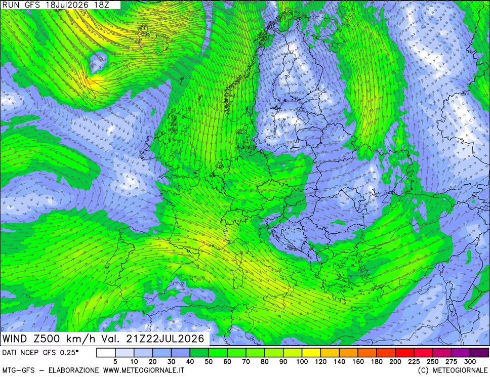 mappa 500 hPa Vento forza e direzione
