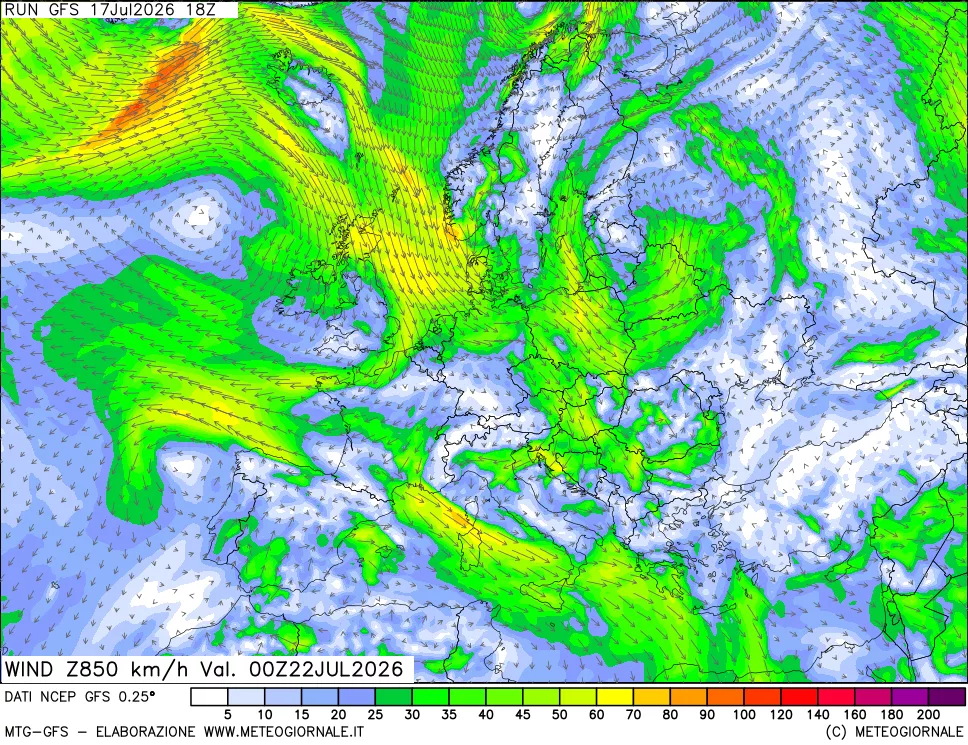 mappa 850 hPa Vento forza e direzione