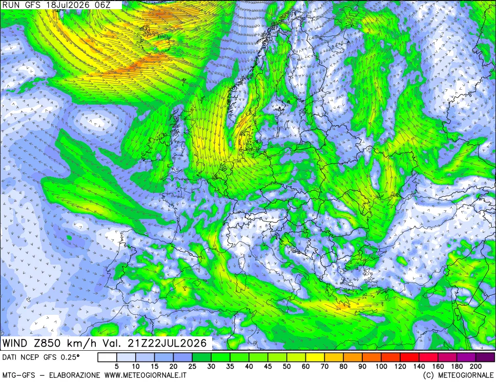 mappa 850 hPa Vento forza e direzione