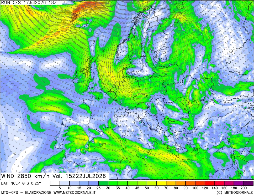 mappa 850 hPa Vento forza e direzione