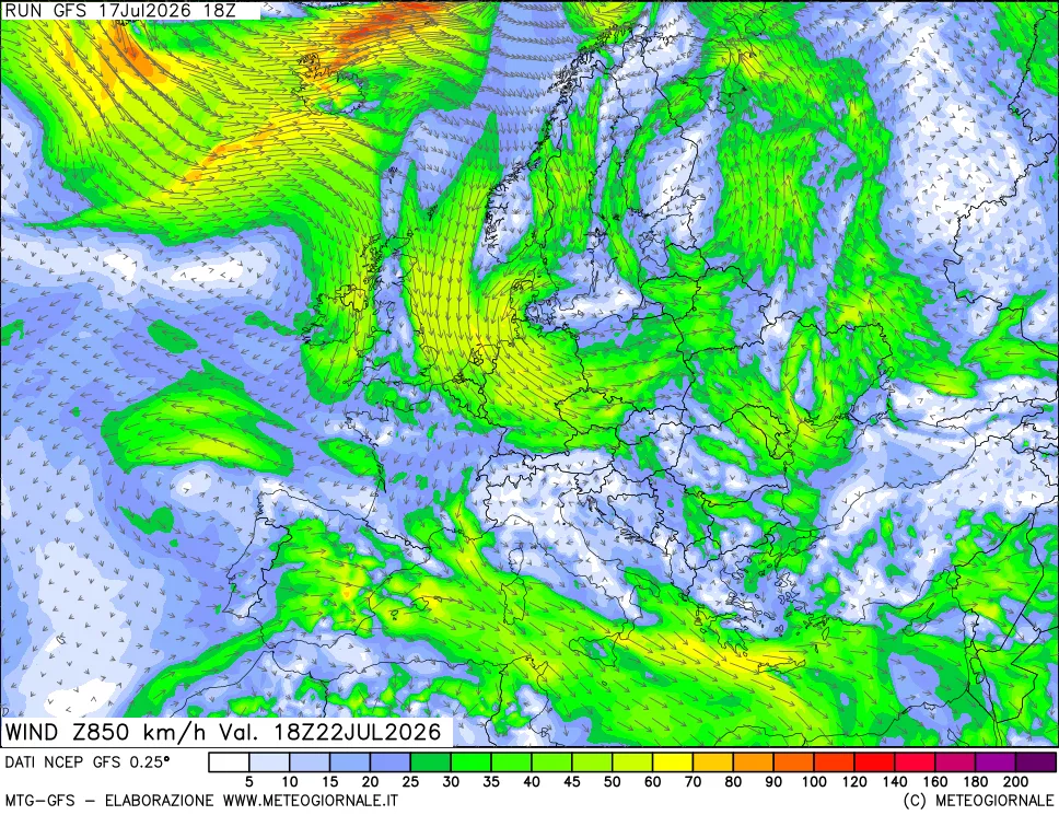 mappa 850 hPa Vento forza e direzione