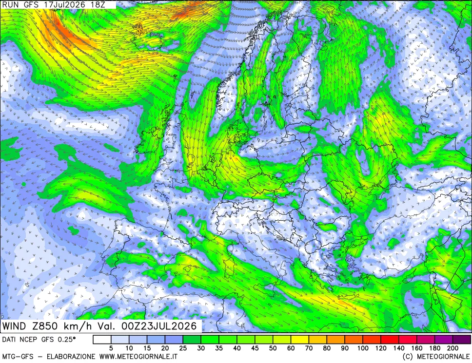 mappa 850 hPa Vento forza e direzione