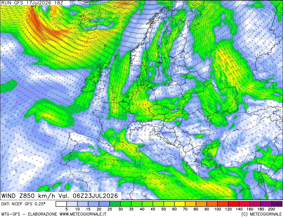 mappa 850 hPa Vento forza e direzione